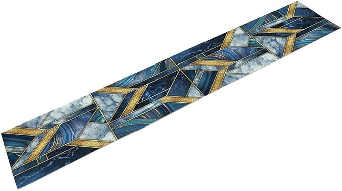Marble Texture Table Runner, Dark Blue Gold Modern Mosaic Design Table Runner Decoration for Kitchen Family Dinner Table Holiday Party Farmhouse 13x70in