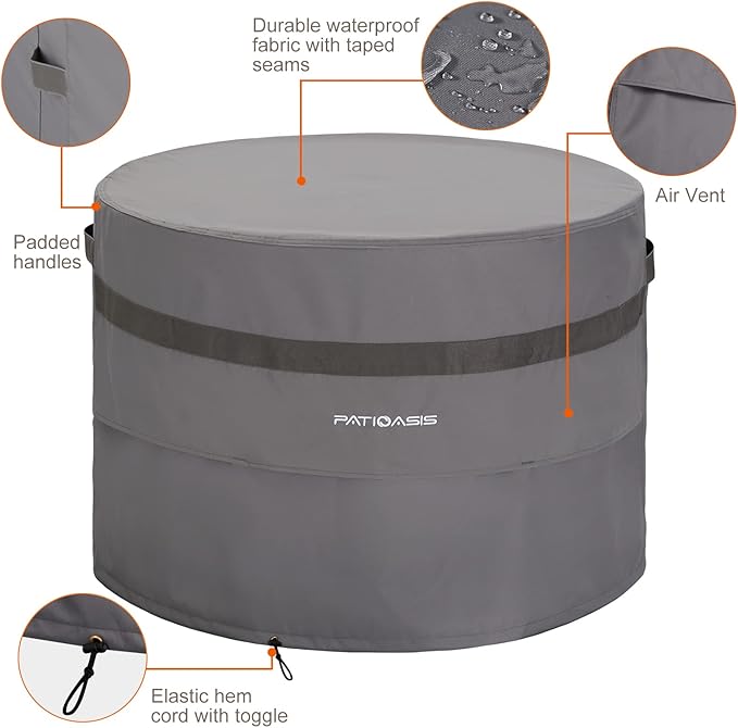 Grey Round Firepit Table Cover 32''Dia Waterproof Outoor Patio Gas Fire Bowl Cover 600D All Weather Resistant Fire Pit Covers Round