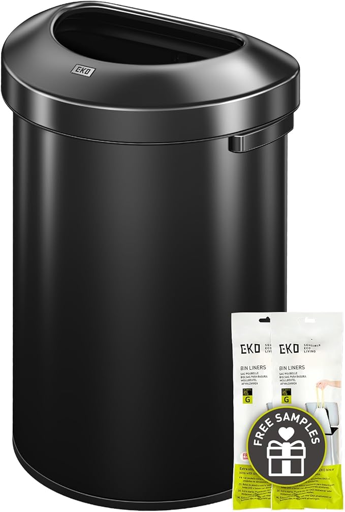EKO Urban 21 Gallon Semi-Round Open Top Waste Bin, Stainless Steel Half Round Commercial Trash Can for Indoor and Outdoor, Extra Large Garbage Bin for Home, Office, Restaurant, 80L, Matte Black