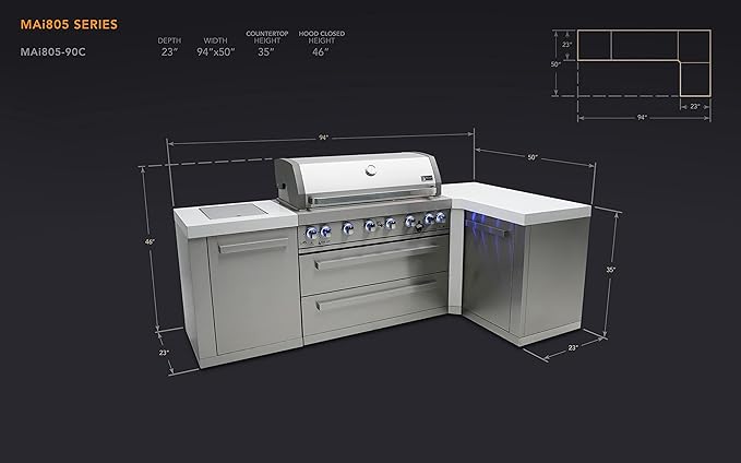 Mont Alpi MAi805-90 44-inch 6-Burner 115000 BTU 90 Degree Corner Stainless Steel Gas Outdoor Kitchen Bar Barbecue Island Grill + Infrared Side & Rear Burners + Granite Countertops + Storage Drawers