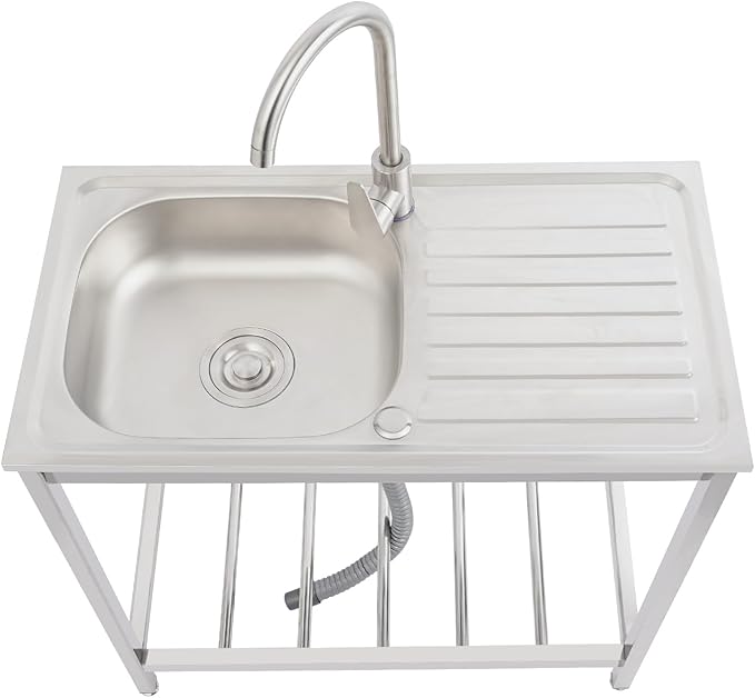 Outdoor Utility Sink, Freestanding Kitchen Sink with Faucet, Utility Sink Freestanding Single Bowl Portable Washing Hand Basin Station with 2 Tier Storage Shelves for Backyard (29.52x 15.74x 29.52in)