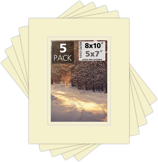 Mat Board Center, Double Mat - Acid Free, 8-ply Thickness, White Core - for Pictures, Photos, Framing (Ivory Over Ivory, 8x10 for 5x7, Pack of 5)