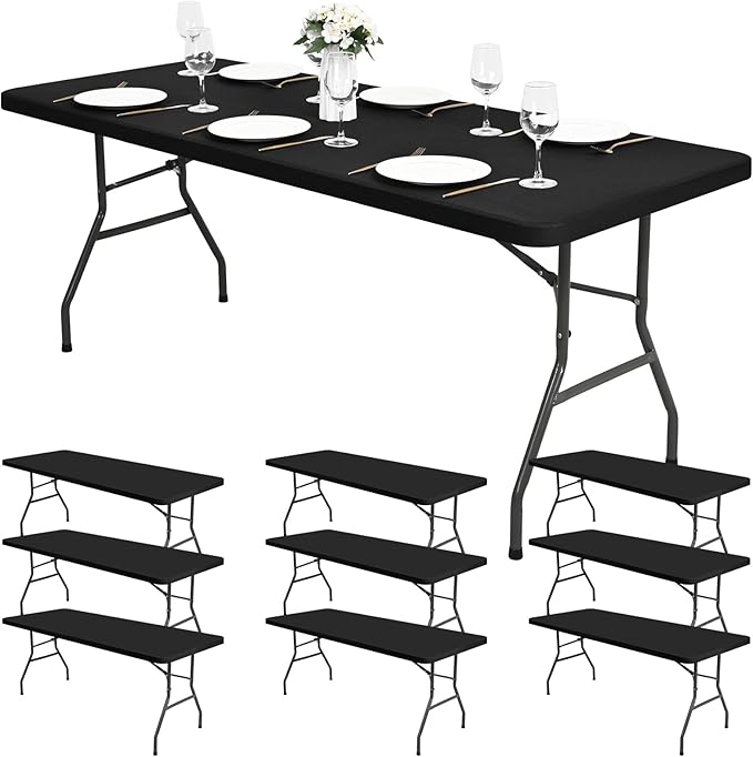 10 Pack Stretch Fabric Table Top Cap Cover, fits 8Ft Tables, Spandex Table Covers Washable Elastic Universal Rectangle Tablecloth Protector for Indoor Outdoor Party Picnic Wedding, Black,30" W x 96" L