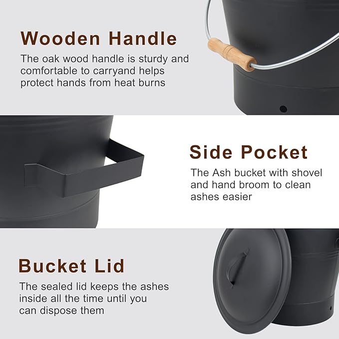 BRIAN & DANY Ash Bucket with Lid, 2.6 Gallon Fireplace Ash Bucket with Shovel and Hand Broom, Metal Bucket for Fireplace, Fire Pit, Wood Burning Stove, Black