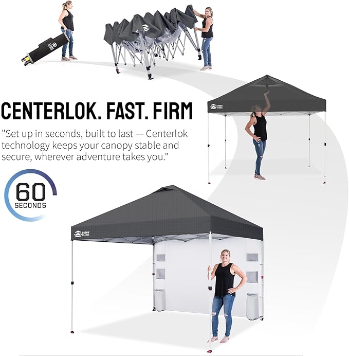 CROWN SHADES Canopy Tent 10x10 Pop Up Canopy Outdoor Shade with Pockets Sidewall, Easy Up Sun Shelter with One Person Set Up Center Lock, Portable Instant Camping Beach Canopies Tents, Grid Grey
