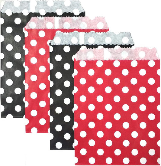 KEYYOOMY 200 Pcs Red and Black Candy Buffet Bags Small Cookie Bags Polka Dot Paper Treat Bag for Wedding Birthday Party (5 inch x 7 inch)
