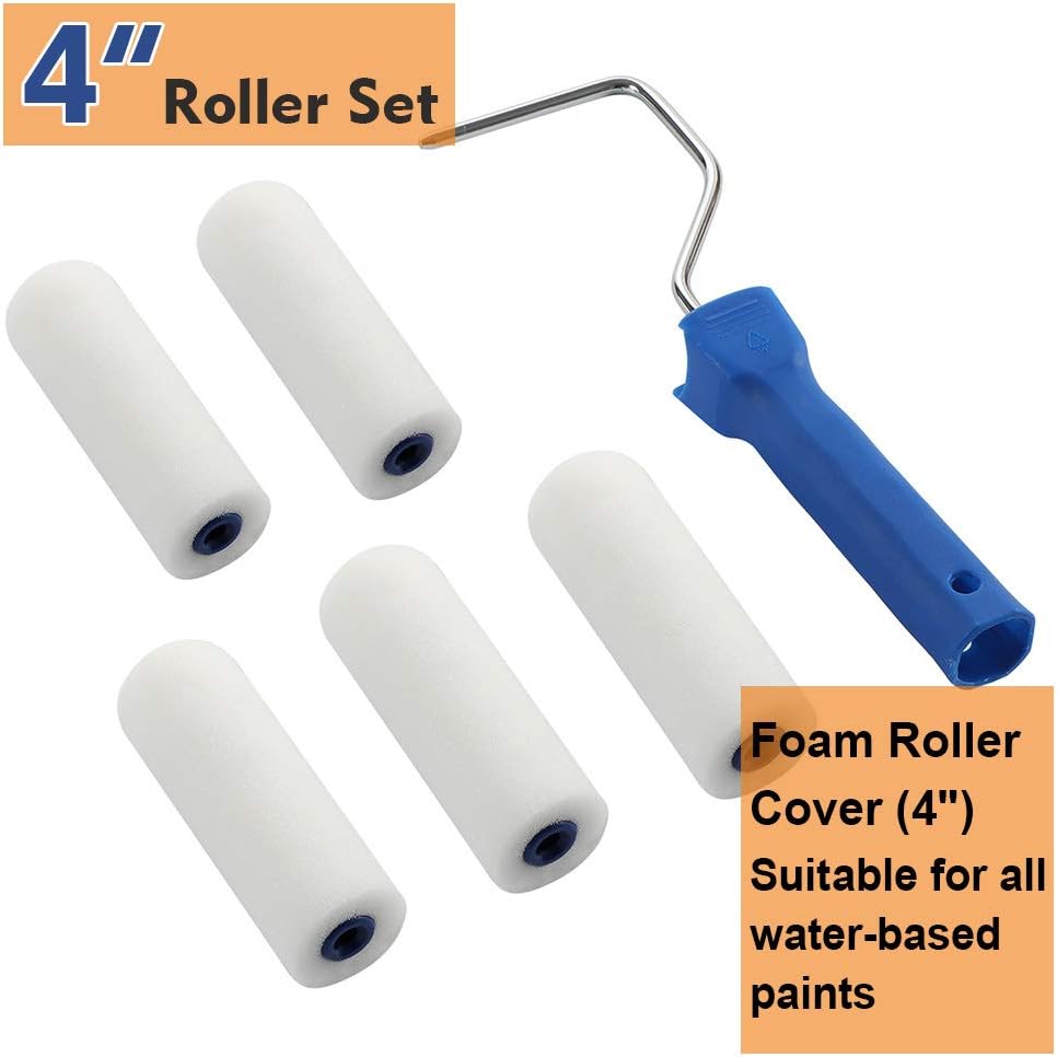 Paint Roller -Small Paint Tray Set with High-Density Foam Mini Roller Refills, Roller Frame, Paint Tray, 4" Microfiber Roller Covers, House Painting Roller Brush(12-Pack)