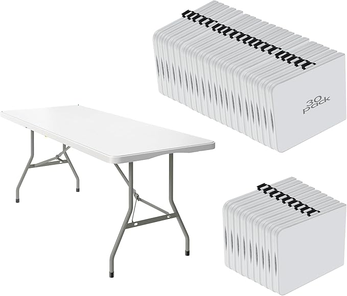 30 Pack of 6 Foot Foldable Table with Built in Handle & Steel Legs ,Heavy Duty Portable ,Perfect for Party, Dining, Wedding, Events, Picnic Indoor, Outdoor, Camping, Utility, Folding(white-30pac)