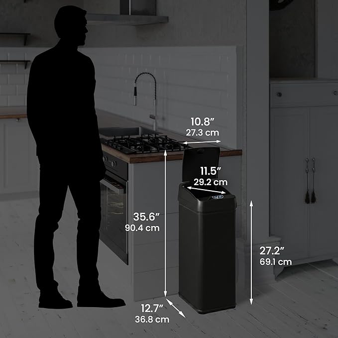 iTouchless 50 Liter / 13 Gallon Kitchen Trash Can with Lid & AbsorbX Odor Filter – Motion Sensor Matte Black Stainless Steel Garbage Bin for Home, Office, or Garage – Slim, Large Capacity Design
