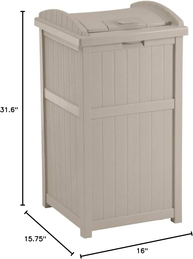 Suncast 6 Pack 15.75" x 16" x 31.6" Trash Hideaway 33 Gallon Resin Outdoor Commercial Garbage Container with Lid for Backyard, Deck, or Patio in Taupe