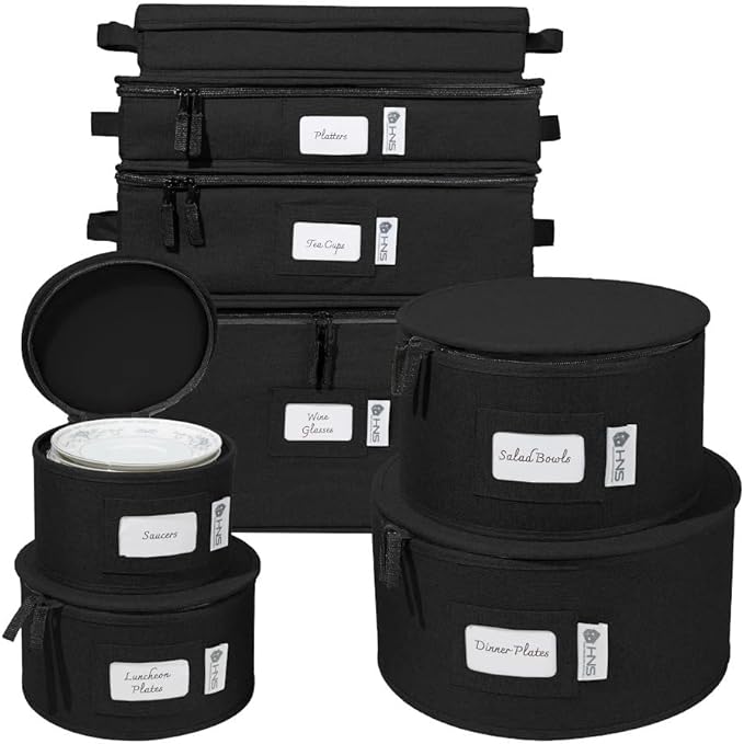 China Storage Hard Shell Containers 8-Piece Set Moving Boxes for Dinnerware, Glasses, Plates, Mugs and Saucers Sturdy Dish Organizer with Dividers for Seasonal Storage - Service for 12 - Black