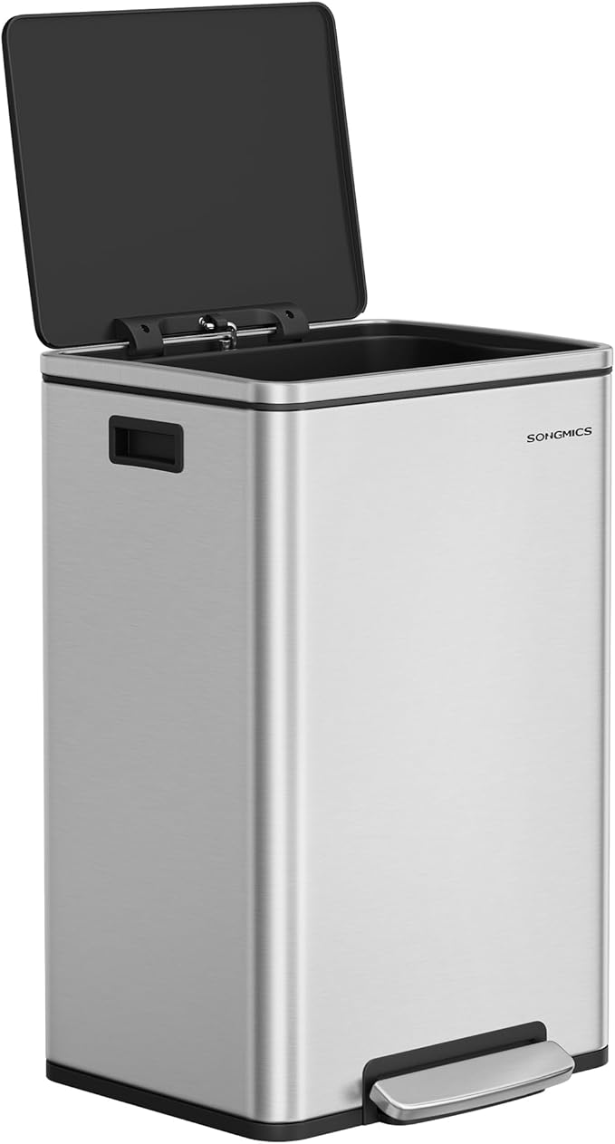 SONGMICS Trash Can, 13-Gallon Gabbage Can, with 15 Trash Bags, Stainless Steel, with Soft-Close Lid, Removable Inner Bucket, Handles, Silver ULTB595E01