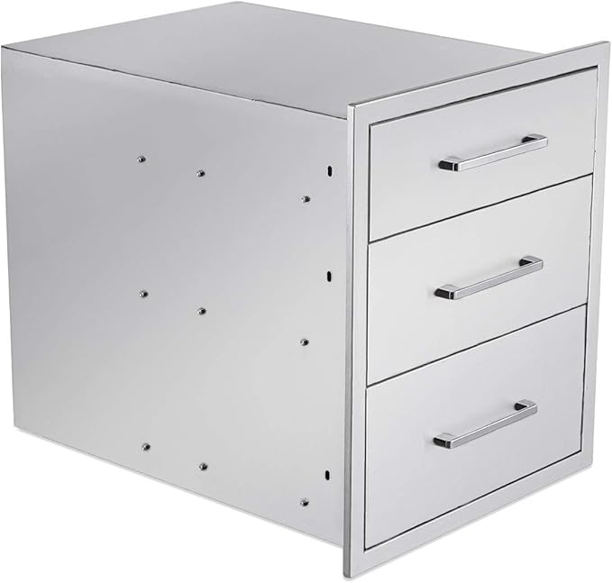 Outdoor Kitchen Drawers Stainless Steel 3-Drawer BBQ Drawer 16" W x 21" H x 23" D Enclosed Built-in Drawer Flush Mount for Outdoor Kitchens & BBQ Islands