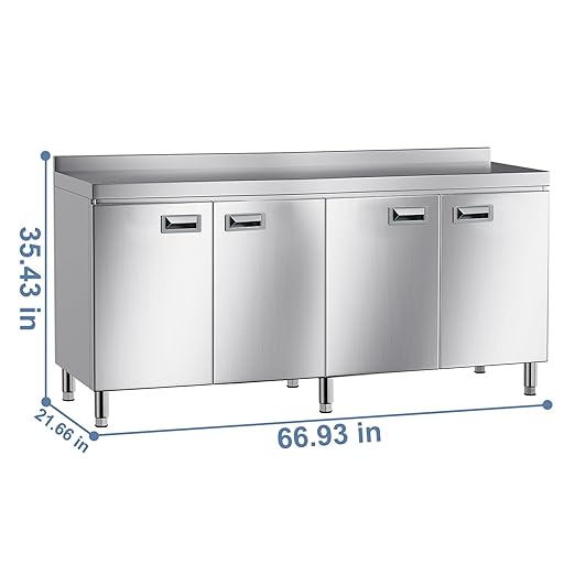 KINGBO 66.9" Stainless Steel Table Cabinet Heavy Duty Prep Table with 304 Stainless Steel Worktop Commercial Worktable Workbench with Storage Cabinet for Kitchen Garage Restaurant Outdoor