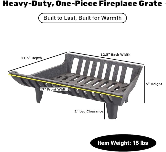 17 inch Fireplace Grate Heavy Duty, Cast Iron Fire Grate - 17" W x 11.5" D x 7" H