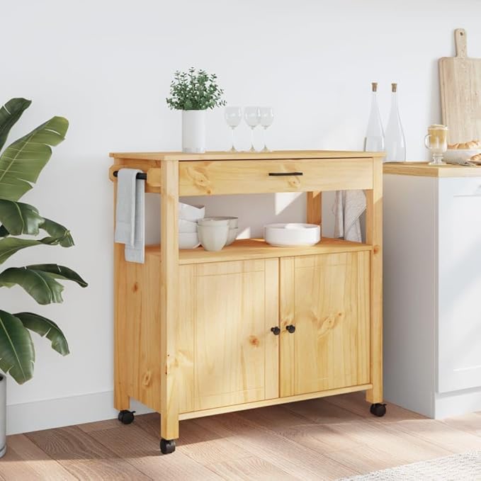 Kitchen Trolley Monza Rolling Kitchen Island Cart with Storage, Portable Dining Room Serving Utility Carts, Brown 33.1" x 15.7" x 35.4" Solid Wood Pine KH79A
