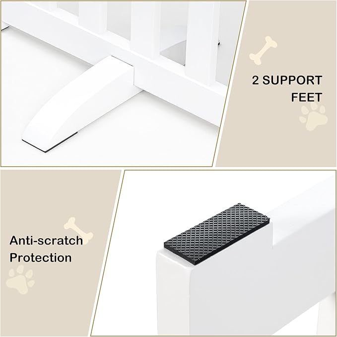 24" Height Tall Freestanding Pet Gate, Solid Wood Folding Safety Fence Wooden Dog Gate with 2 PCs Support Feet Ideal for Stairs, Doorways, Halls, Kitchens, Heavy Duty Gates, 2 Panels, White