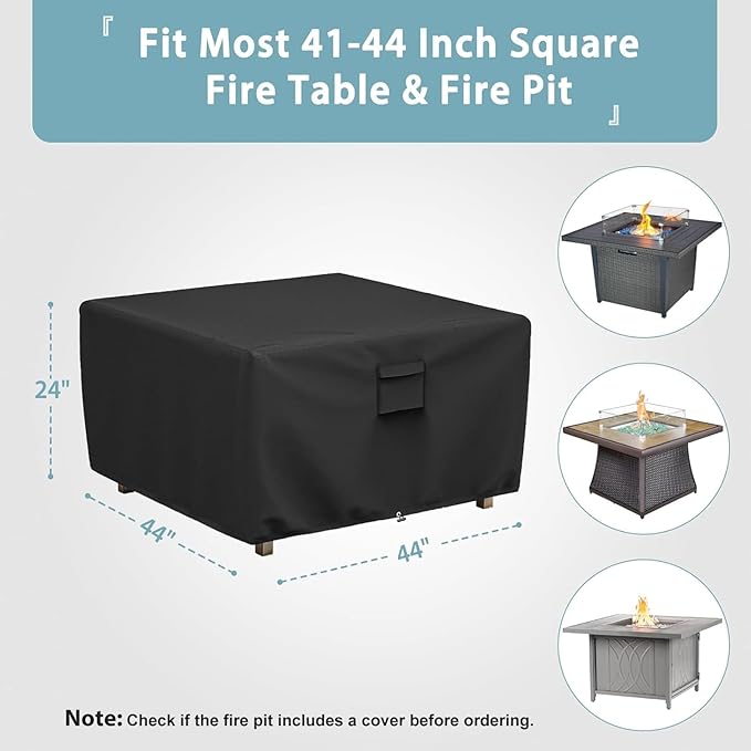 SHINESTAR Square Fire Pit Cover, Fits for 41-44 Inch Gas Fire Table, Waterproof and Windproof, 44 x 44 x 24 Inches, Black