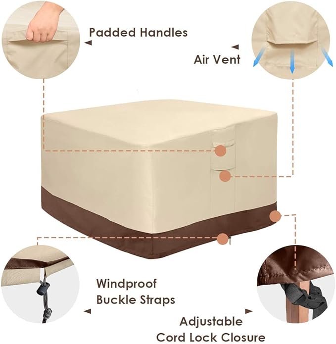 Vailge Fire Pit Cover Square,100% Waterproof Square Gas Firepit Table Cover,Outdoor Heavy Duty Lawn Patio Furniture Covers with Air Vent and Handle,32" L x 32" W x 16" H,Beige & Brown