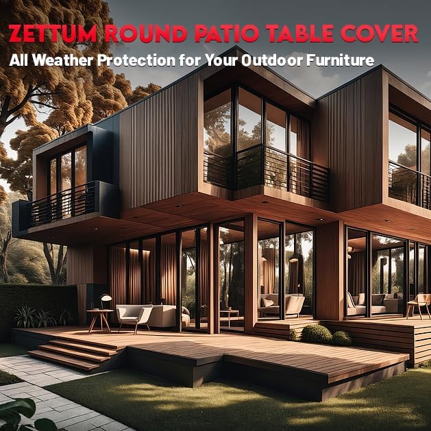 Zettum Round Patio Table Cover 58 Inch - 600D Outdoor Furniture Cover Round Waterproof & Heavy Duty, Lawn Furniture Set Covers for Outside Dining Table and Chairs Seating Combo - 58 x 58 x 28 Inch