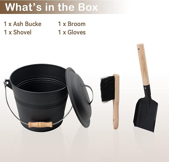 Poofzy Ash Bucket with Lid, Small Fireplace Ash Bucket with Lid and Shovel, 1.3 Gallon Metal Bucket for Fireplace with Hand Broom and Gloves, Fireplace Bucket for Ashes for Wood Stove and Fire Pit