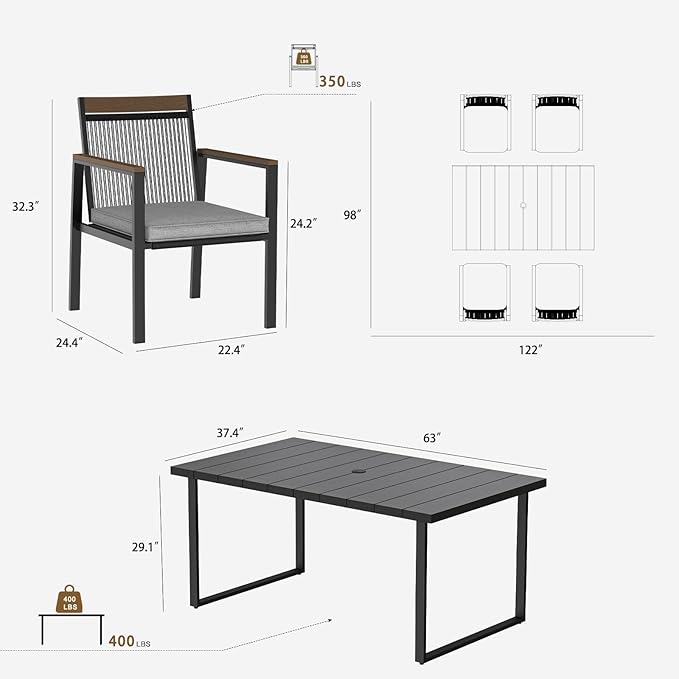5-Piece Patio Dining Table and Chair Sets, Outdoor Metal Dining Furniture Set with Umbrella Hole, Wood Grain Tabletop, 4 Rope Patio Chairs with Faux Wood Armrest & Cushions for Backyard, Deck