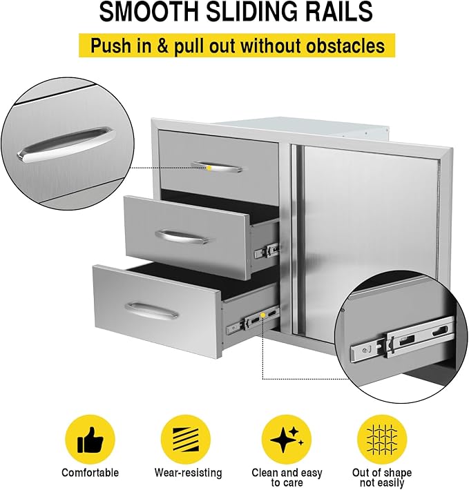 Outdoor Kitchen Drawer Combo, Stainless Steel Triple Drawers & 2 Trash Can Drawers,Enclosed Built-in Drawer Flush Mount For Outdoor Kitchens & BBQ Islands ﻿ ﻿,G3