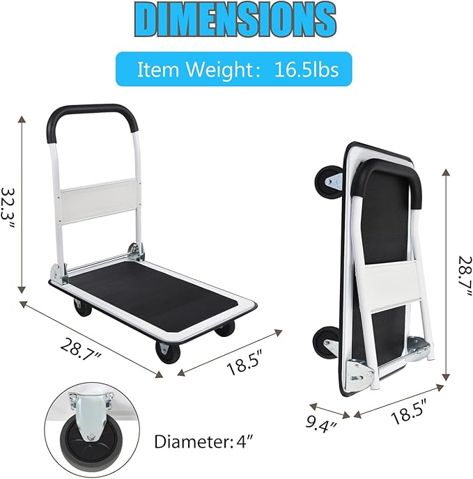 LEADALLWAY Foldable Push Cart Platform Cart 330lbs Capacity 4 Wheels 28.7x18.5x32.3inches White with 2 Ropes Small Flatbed Cart