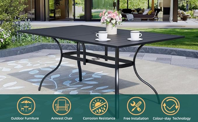 Vrivla Outdoor Dining Table, Rectangular Patio Table with Slatted Top with Black Metal Frame for 6 Person