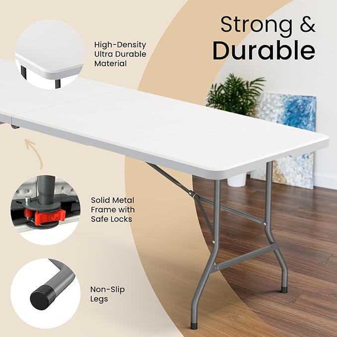 8 Feet Foldable Table with Built in Handle & Steel Legs | Heavy Duty Portable | Perfect for Party, Dining, Wedding, Events, Picnic Indoor, Outdoor, Camping, Utility, Temporary