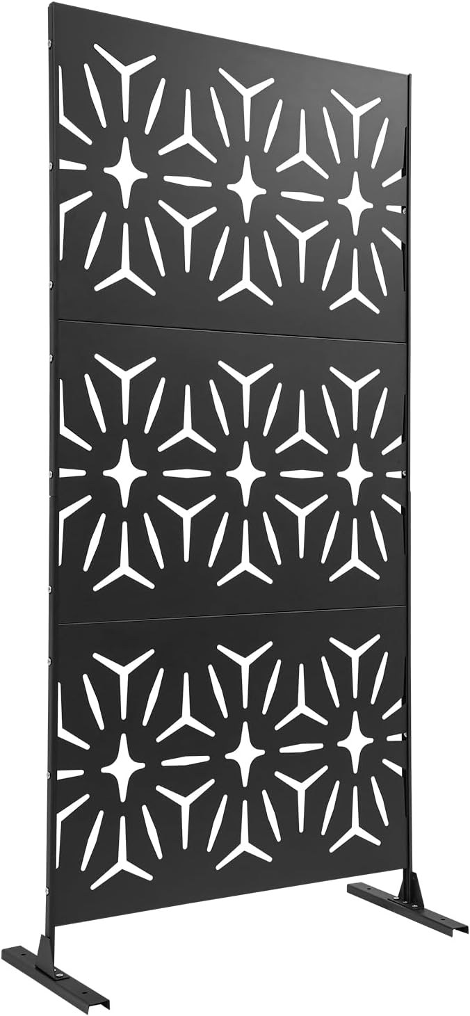 75" H×35" W Decorative Outdoor Privacy Screen with Stand, Outdoor Decor Privacy Fence Screen Metal Fence Panels, Free Standing Metal Divider for Patio Lawn Deck (Black-Small Rhombus)