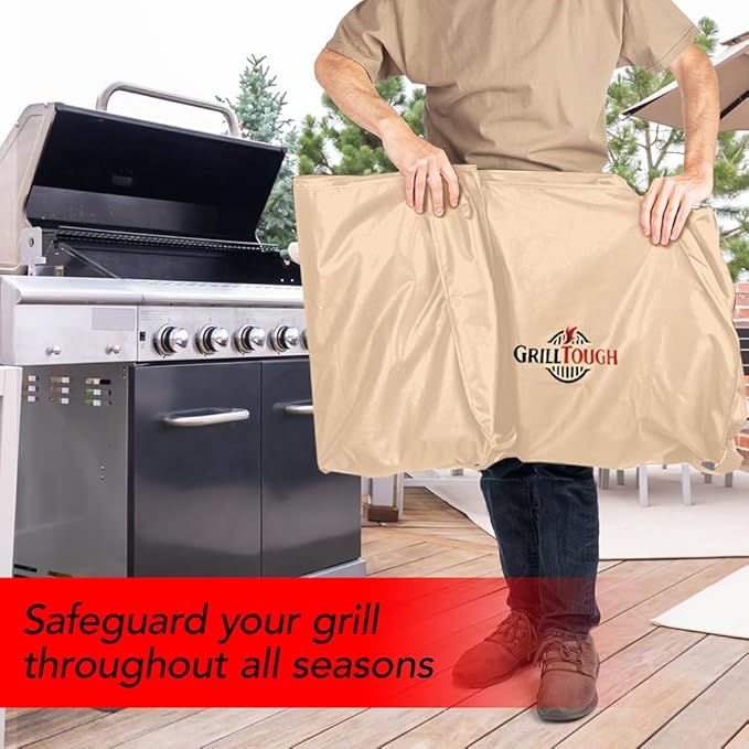 Heavy Duty BBQ Grill Cover for Outdoor Grill, 52 Inch – Waterproof, Weather Resistant, UV & Fade Resistant with Adjustable Straps – Gas Grill Cover for Weber, Genesis, Charbroil, etc. Tan