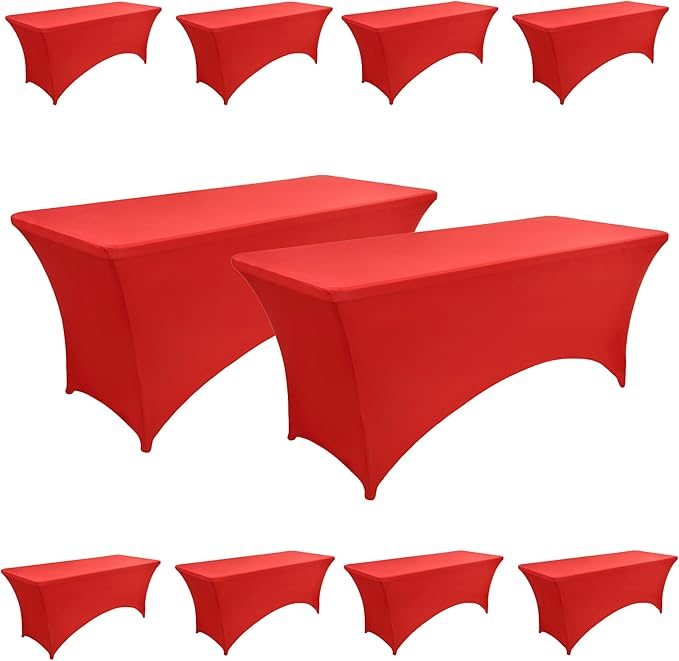 10-Pack 6ft Red Spandex Table Covers for Rectangle Standard Folding Tables - Wrinkle Resistant Stretch Tablecloths - Ultimate Fitted Table Protector for Parties, Banquet, Wedding