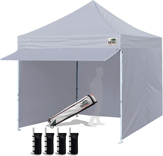 Eurmax USA 10 x 10 Pop up Canopy Commercial Tent Outdoor Party Canopies with 4 Removable Zippered Sidewalls and Roller Bag Bonus 4 Canopy Sand Bags & 24 Squre Ft Extended Awning(Grey)