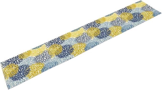 Dahlia Flower Table Runner,Blue Yellow Floral Print Table Runner for Kitchen Dining Table Dinner Holiday Home Party Indoor Outdoor Decor 13x108in