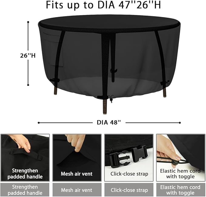 Patio Furniture Covers, Heavy Duty Round Patio Table Cover (48D x 26H Inch) Outdoor Dining & Coffee Table Cover for Veranda, Lawn, Table, Chair-Waterproof & Weather Resistant, Anti UV - Black