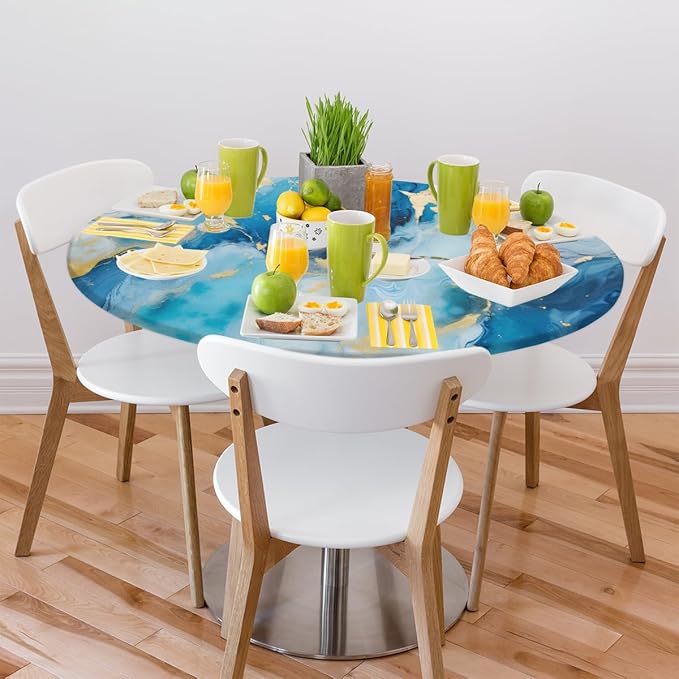 Marble Pattern Ink Blue Round Table Cloth Cover, Elastic Edge Waterproof Wipeable Tablecloths 45"-56" Polyester Tablecloth for Party Restaurant Banquet Holiday Camping Outdoor Picnic