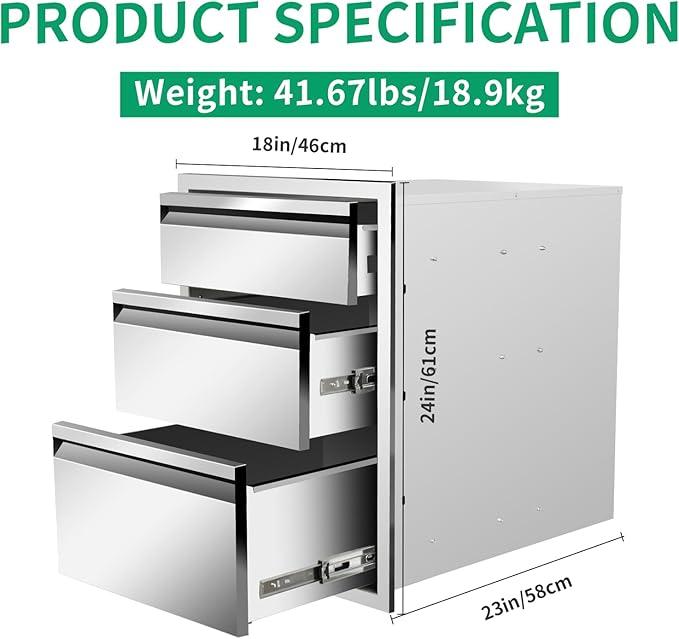 Outdoor Kitchen Drawers 18" W x 24" H x 23" D Stainless Steel Triple Drawers with Hidden Handle for BBQ Island, Patio Grill Station & Outdoor Kitchen Cabinets