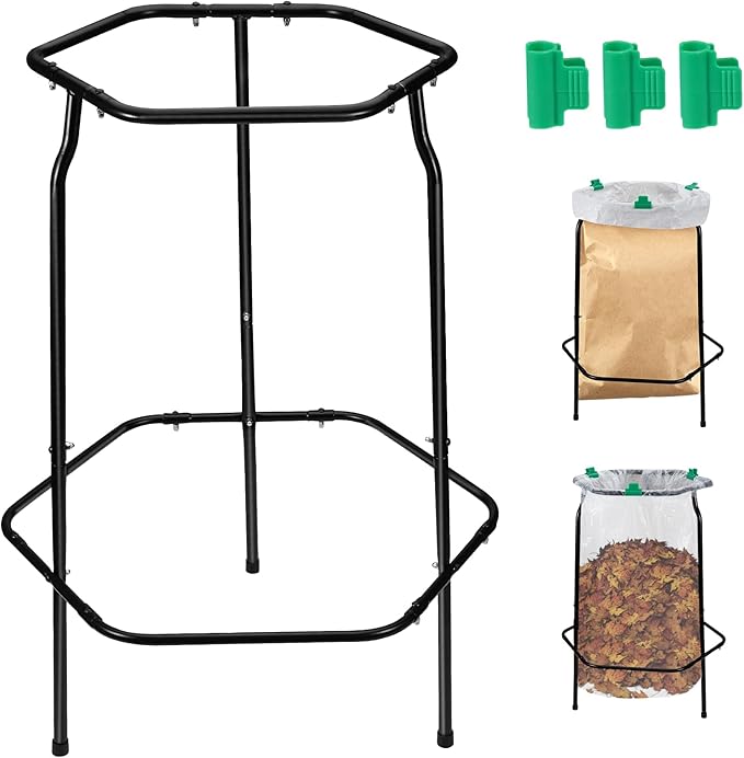 Aobiono Leaf Trash Bag Holder Stand, Garbage Bag Support Frame for 30-55 Gallon Lawn Bags, for Yard Kitchen Garden Outdoor Camping Waste, with Reusable Bag Clips, Heavy Duty (Black)