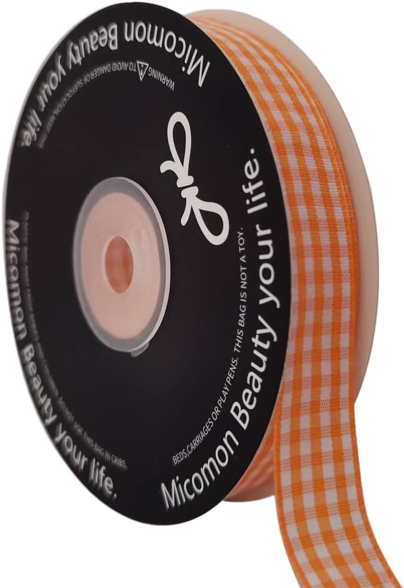 Orange Gingham Plaid Checked Ribbon 25 Yards Each Roll 100% Polyester (5/8",Orange)