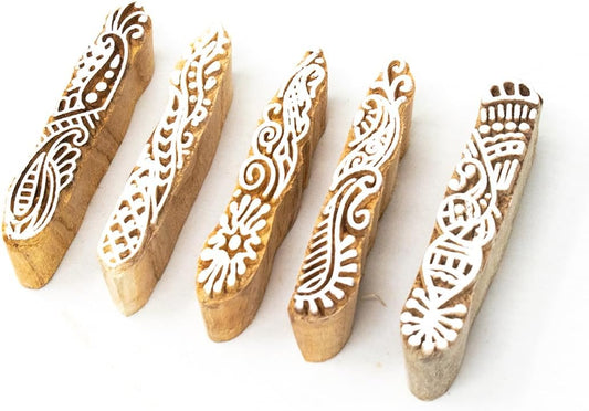Hashcart Wooden Indian Traditional Design Printing Stamps/Blocks for Printing Saree Border/Dresses/Craft Card Making/Scrapbook/Clay Pottery (Set of 5)