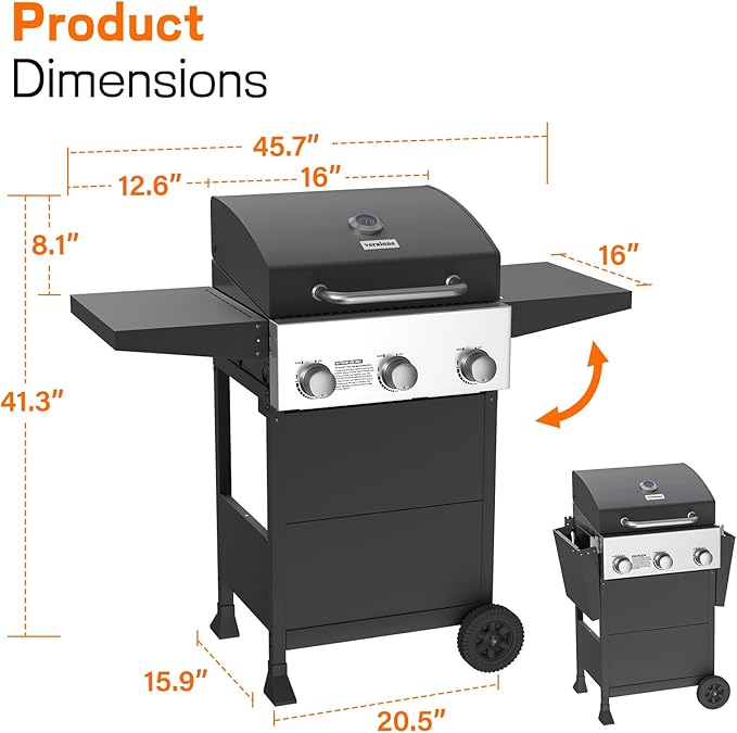 Veralune 3 Burner Propane Gas Grill, 36,000 BTU Stainless Steel Outdoor BBQ Grill with Built-In Thermometer, Lid, Foldable Side Shelves & Wheels for Patio, Garden & Backyard Cooking