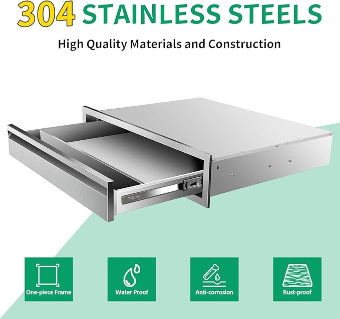 Outdoor Kitchen Drawers 30" W x 6.5" H x 23" D Stainless Steel Single Drawers with Hidden Handle for BBQ Island, Patio Grill Station & Outdoor Kitchen Cabinets
