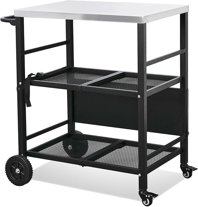 VINGLI Stainless Steel Foldable Grill Table Cart, Outdoor Food Prep Rolling Cart with Wheels and Storage Shleves, Paper Towel Holder, Easy Movable Kitchen Island for Home, Patio, Pizza Oven