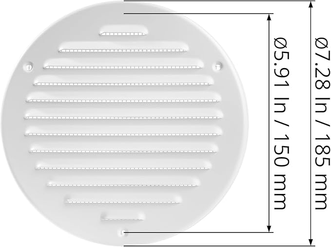 White Metal 6'' Inch Round Ventilation Grille - Inside/Outside use - (Grille: 6''Ø/Cover Area: 7.25''Ø) - Air Vent Louver - Available 4 Sizes / 2 Types / 1 Color.