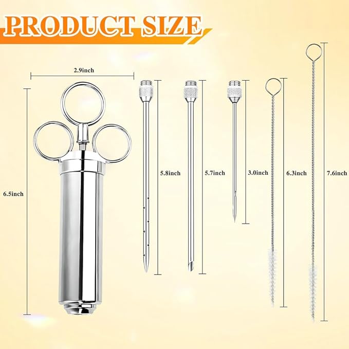 304-Stainless Steel Meat Injector Syringe Kit with 3 Marinade Needles for BBQ Grill Smoker, Turkey, Beef, Brisket, Fish, 2-oz Large Capacity, Silicone Brush and Cleaning Brush