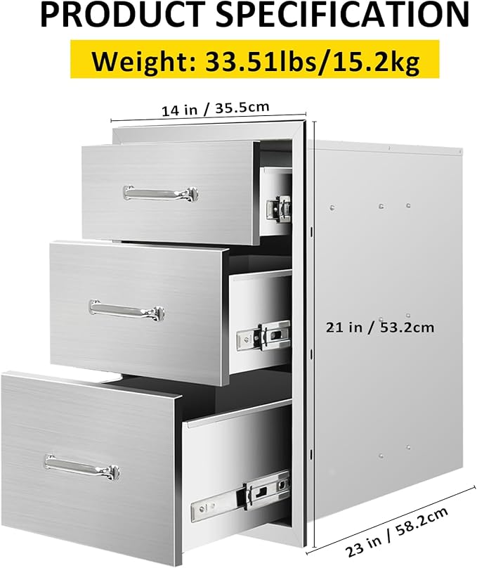 Outdoor Kitchen Drawers 14" W x 21" H x 23" D Flush Mount Triple BBQ Drawers with Chrome Handle Stainless Steel Drawer for Outdoor Kitchen Island, Patio Grill Station