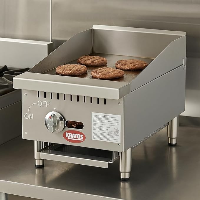 Kratos 15" Wide Commercial Countertop Griddle, Gas Hot Plate for Restaurants, Manual Control, 1 Burner, Compact Space Saving Gas Girddle, Powerful 30,000 BTU Output (29Y-176)