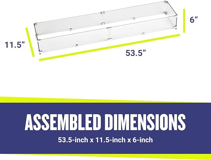 American Fireglass Tempered Glass Flame Guard for 48" x 6” Linear Drop-in Fire Pit Pans | Outdoor Wind Guard with Aluminum Fire-Resistant Brackets & Non-Slip Feet | 53.5-inch x 11.5-inch x 6-inch