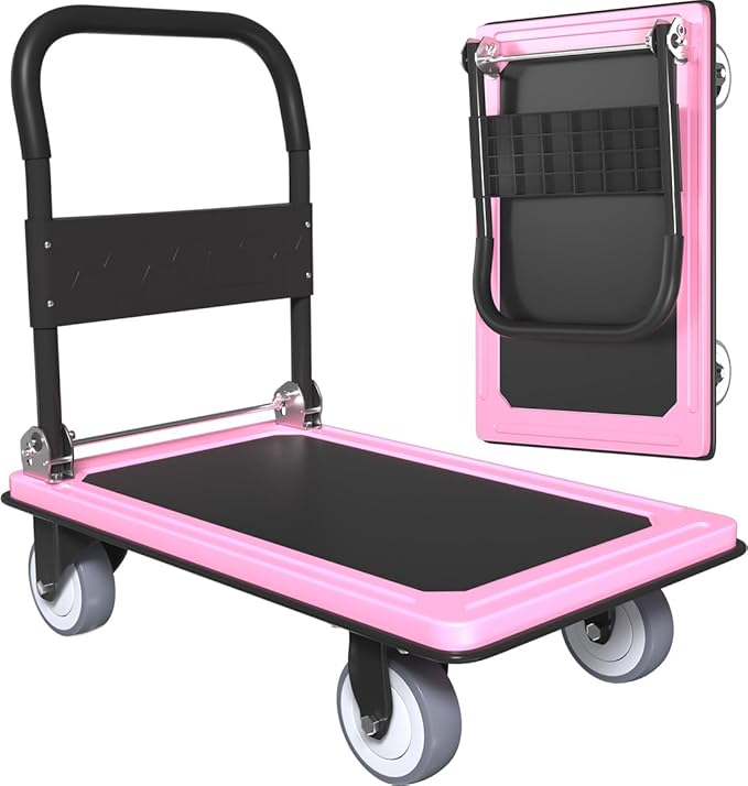 WUD Push Cart, Folding Mobile Platform Trolley,Thickened and Reinforced, 360° Swivel Wheels,35.4 “L x 23.6 ”W, 1100 lb. Pink Dolly cart with Wheels (Pink, Large)